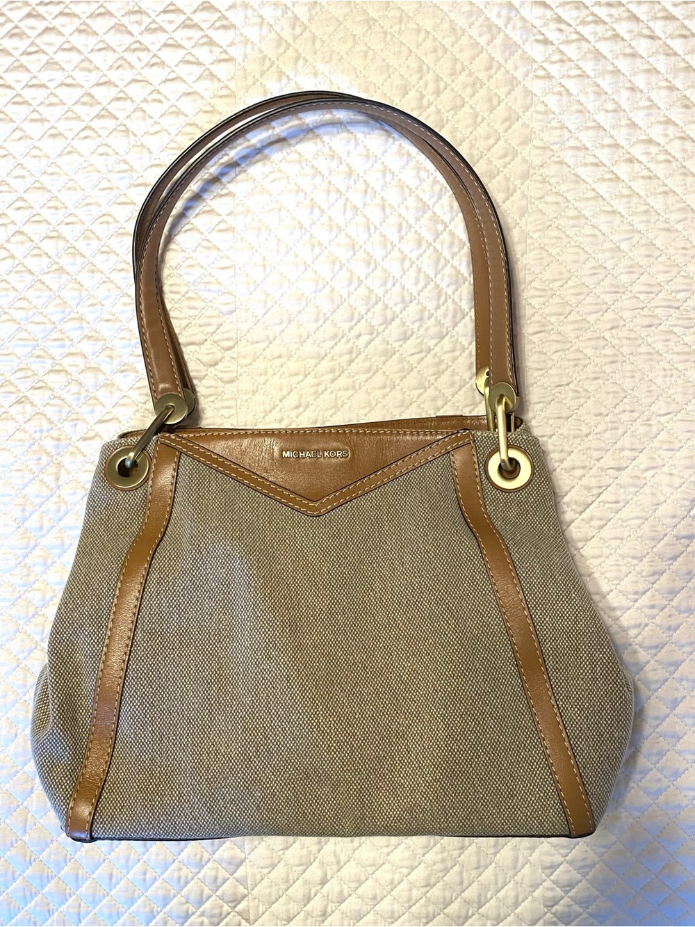 Michael Kors Tan Canvas Shoulder Bag with Leather Trim